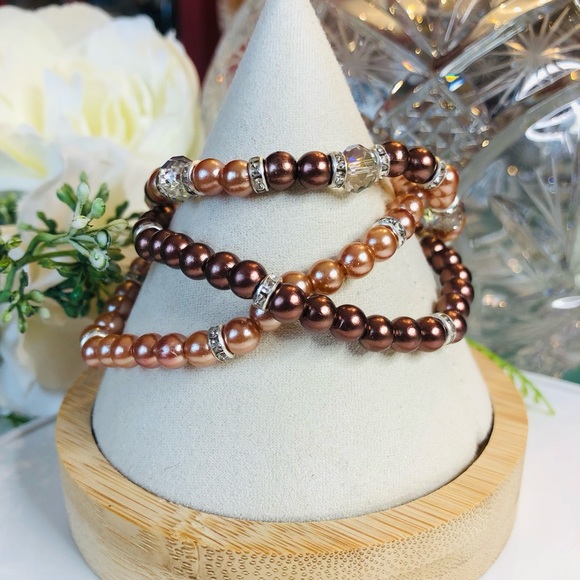 Stretchy Bracelets Set Of 3 Brown Bronzed Tan Bling Rhinestones Y2K Adjustable - Picture 2 of 6